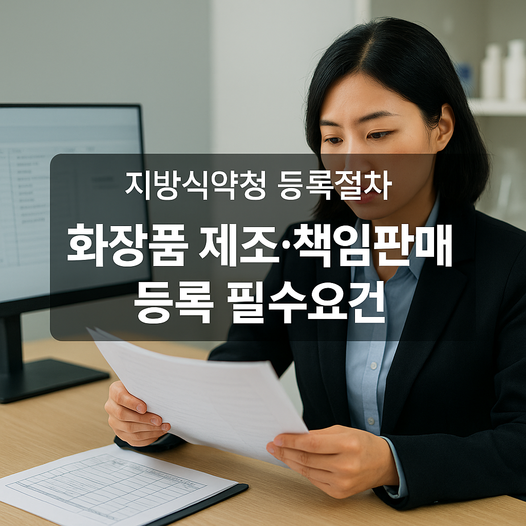 지방식약청 사무실 분위기의 밝은 회의실에서 한국인 전문가가 화장품 제조업&middot;책임판매업 등록 서류와 MFDS 체크리스트를 꼼꼼히 검토하는 장면으로, 화장품 책임판매관리자 지정, 품질관리기준, 안전관리기준, 제조시설 요건, 지방식약청 등록절차 등 화장품법상 필수 준수사항을 한눈에 정리한 실무 가이드를 표현한 이미지.