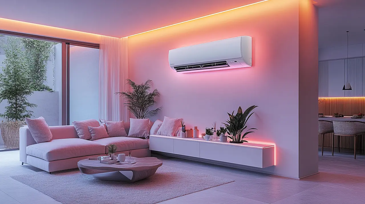 거실에 완벽하게 조화된 에어컨이 구현하는 현대적이고 우아한 디자인. 세련된 건축 양식과 부드러운 색조 조명이 어우러져 실내 인테리어와 잘 어울린다.