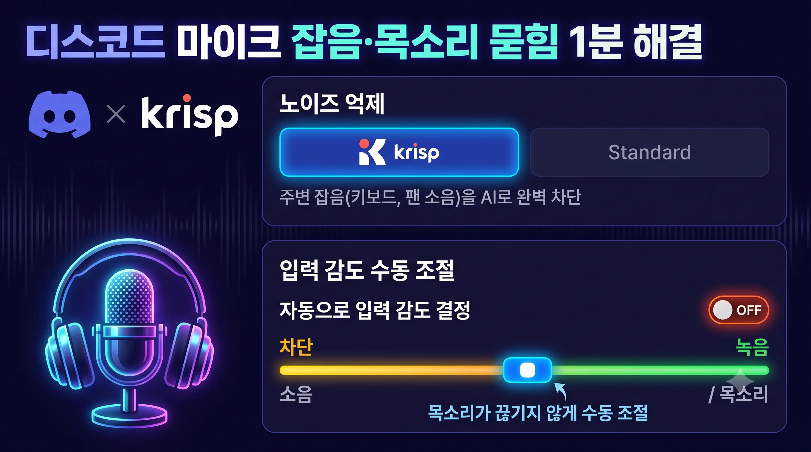 디스코드 마이크 설정 Krisp 노이즈 억제 활성화 및 입력 감도 수동 조절 화면