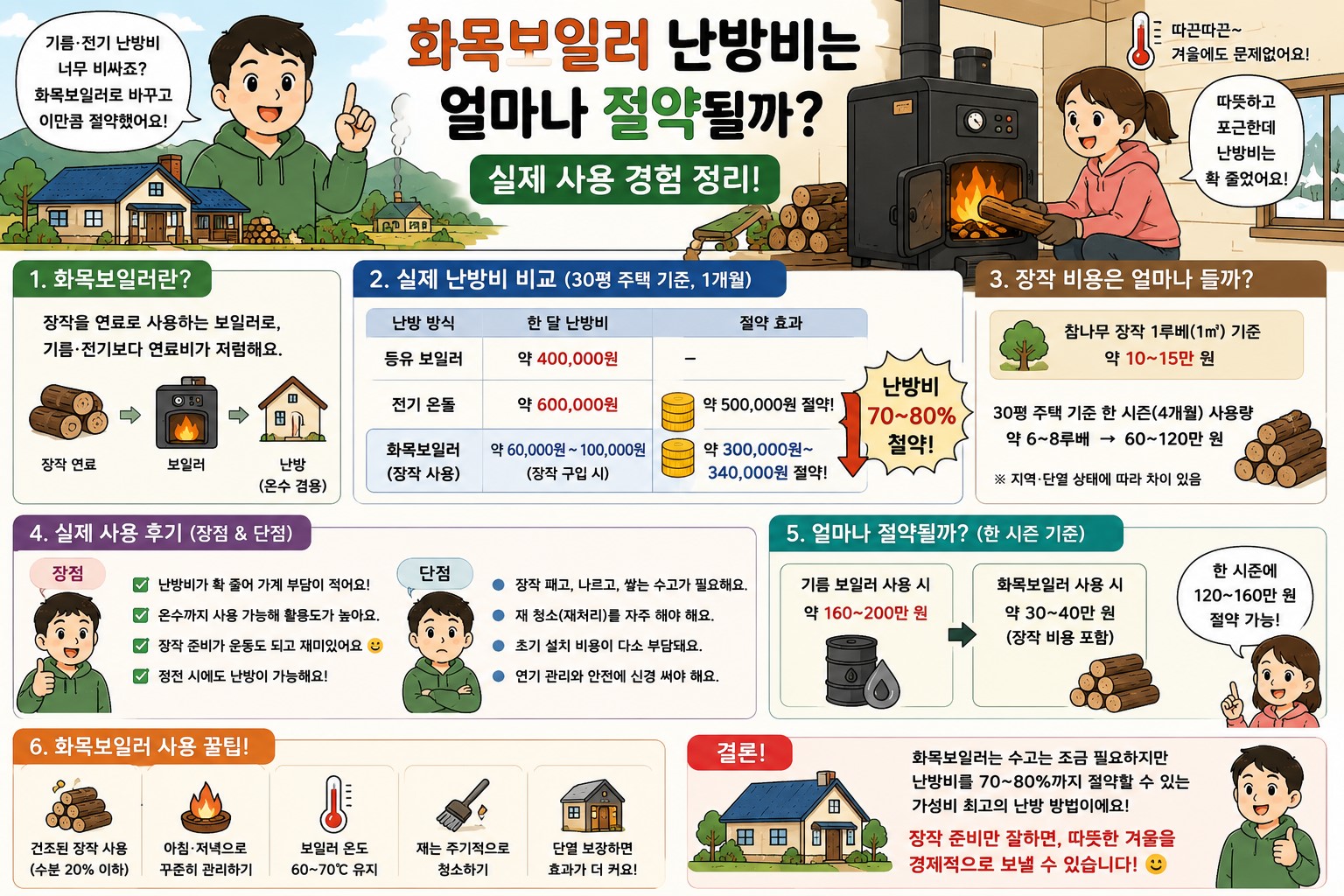 화목보일러 난방비 절감 효과 및 장단점 비교 사용 후기 요약 인포그래픽