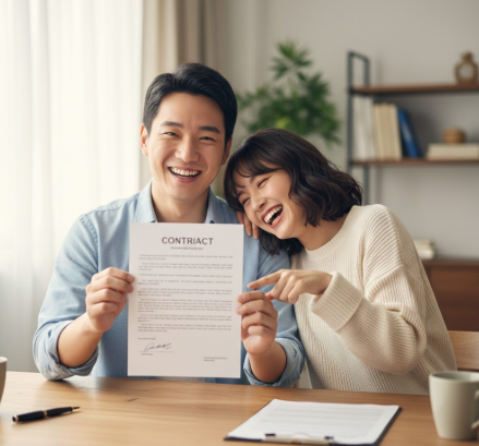 부동산 계약서를 작성하고 웃고 있는 동양인 남녀