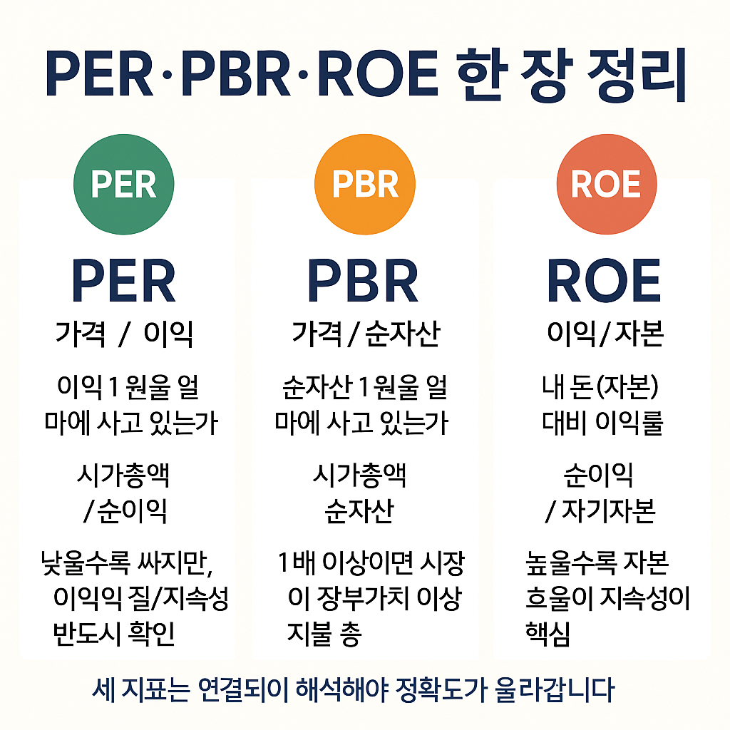 PER(주가수익비율), PBR(주가순자산비율), ROE(자기자본이익률)