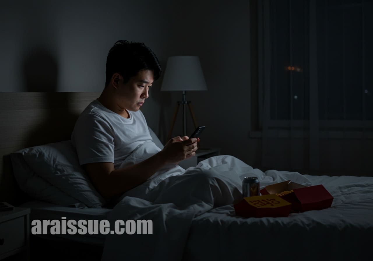어두운 방 안에서 스마트폰을 보는 한국 남성과 주변에 놓인 패스트푸드, 음료가 있습니다. 야간 생활 루틴 속 무의식적 위험 요소들을 상징하는 이미지입니다.
