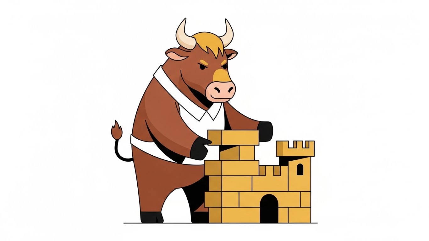 황금 벽돌을 하나씩 쌓아 올려 성을 짓는 성실하고 집중력 있는 소 캐릭터 일러스트