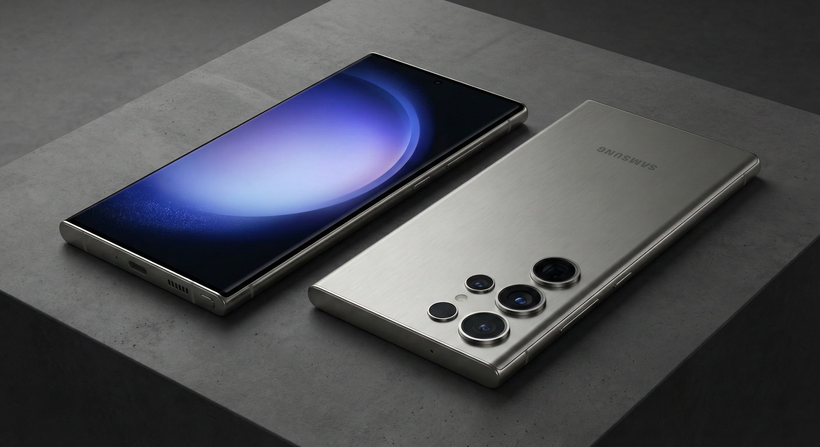 2026년형 삼성 갤럭시 S26 울트라의 전후면 디자인 렌더링, 더 얇아진 베젤과 티타늄 프레임 강조