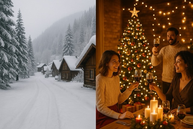 겨울 설경과 크리스마스 파티를 비교하는 모습