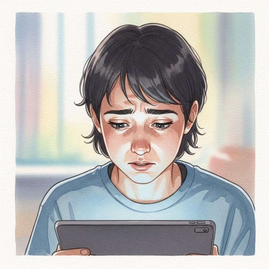 태블릿으로 정보를 확인하는 차분한 모습의 사람