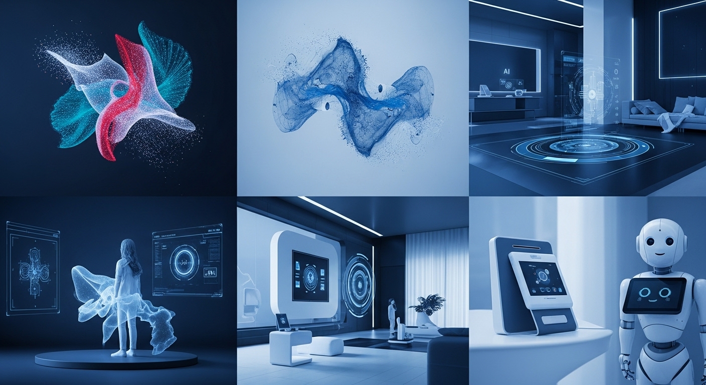 2026년 인공지능이 삶과 산업에 통합된 미래 모습, 생성형 AI, 스마트 홈, 의료 AI, 로봇이 조화롭게 표현됨.