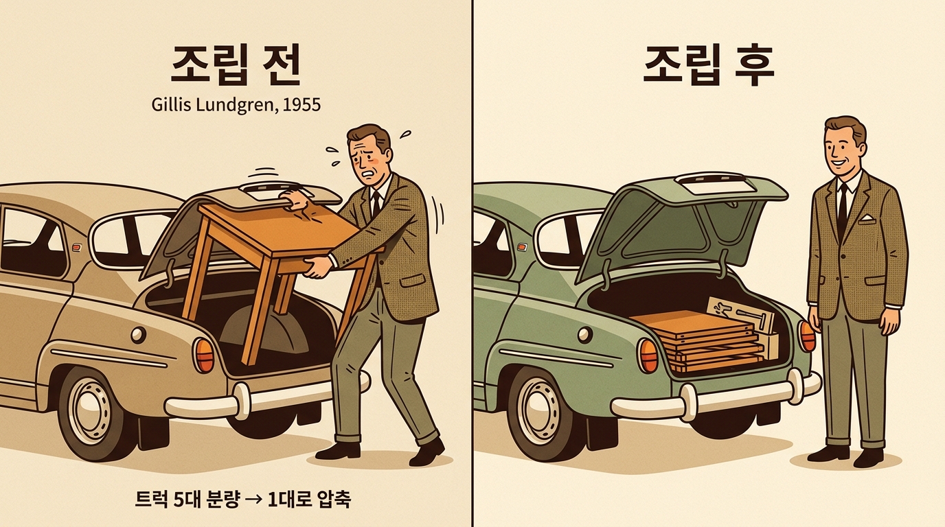 1955년 유레카 모멘트 "트럭 5대 분량 &rarr; 1대로 압축"