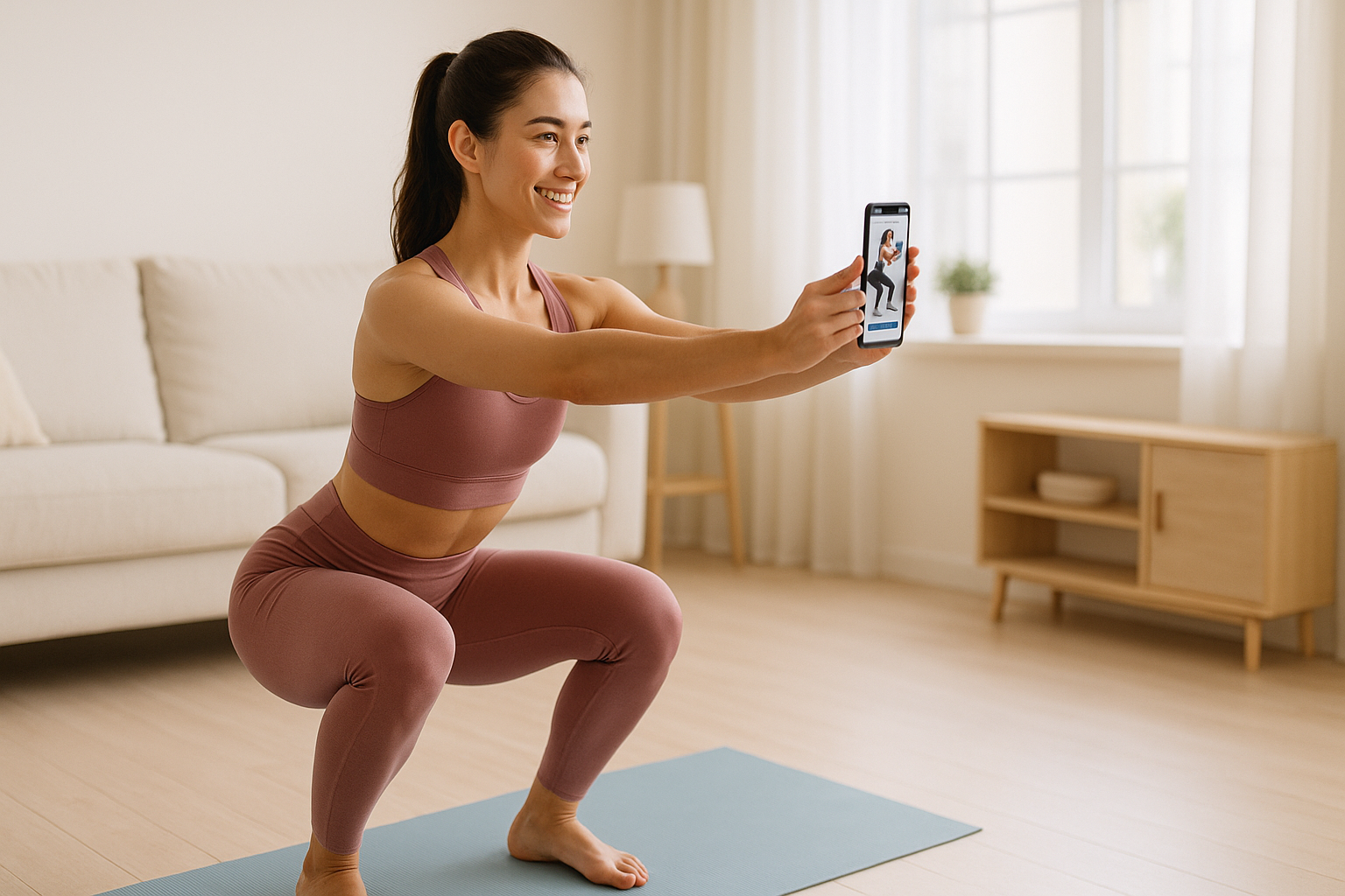 밝고 깨끗한 거실에서 요가매트 위에서 운동하는 젊은 여성
