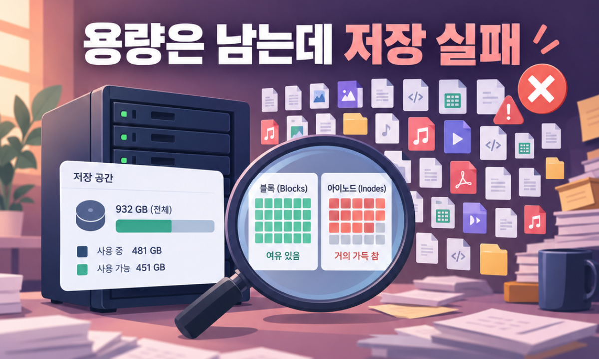 Ubuntu 24.04에서 디스크 용량과 inode 여유를 비교하고 작은 범위의 파일 수를 점검하는 개념도