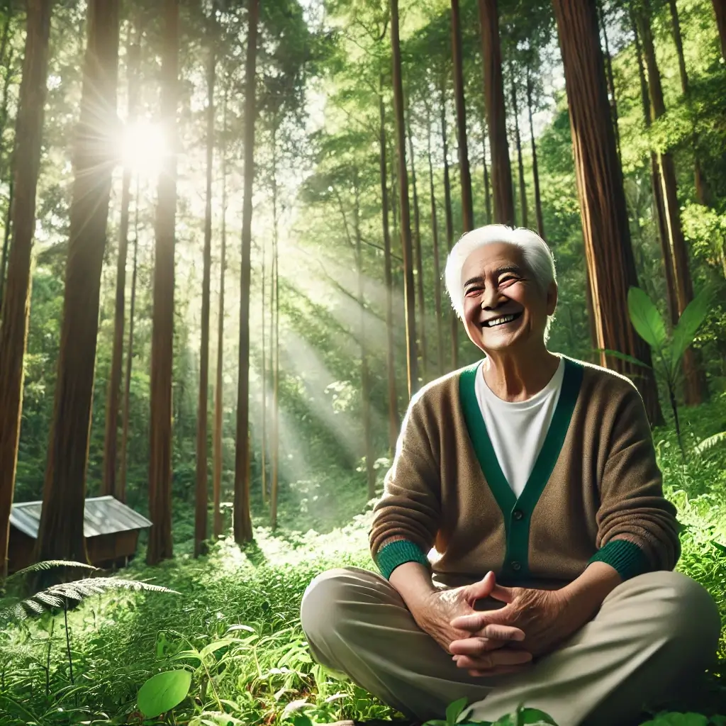 숲 속에서 행복한 미소를 짓고 있는 노인의 모습.