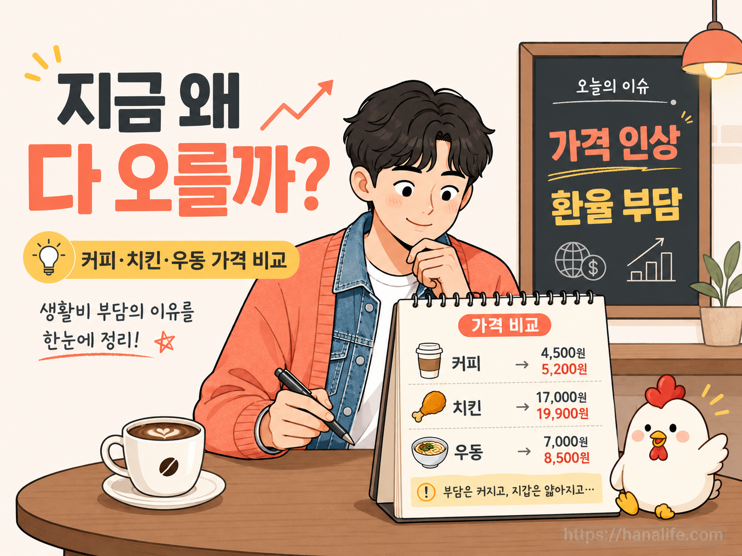커피·치킨·우동 가격표 위에 환율·원재료 그래프가 겹친 인포그래픽