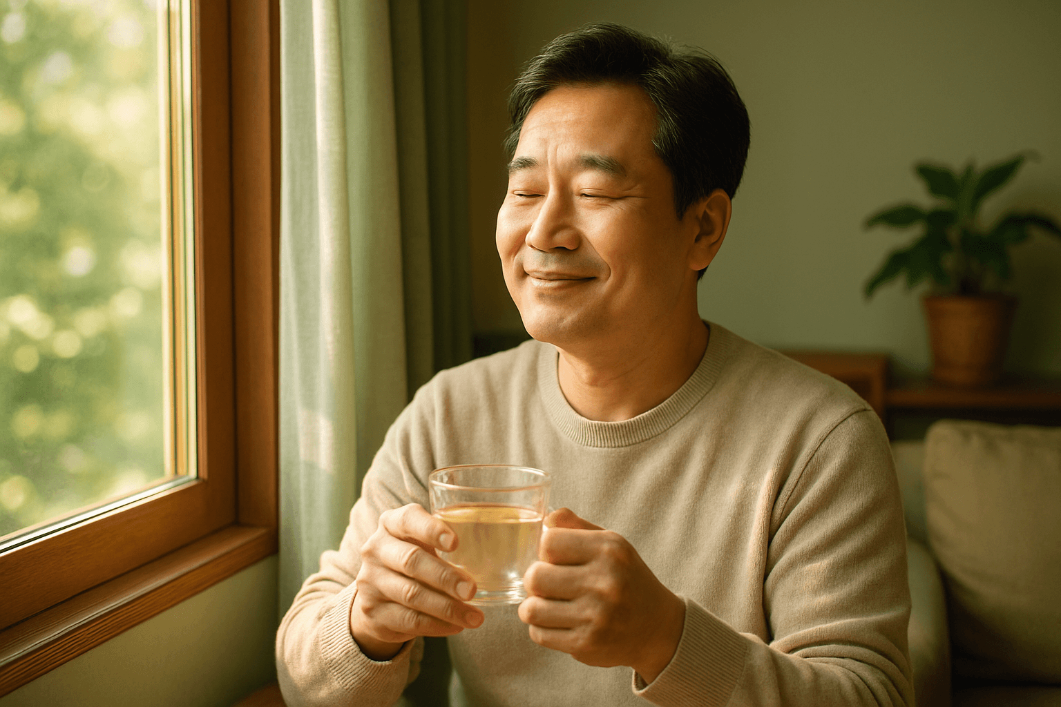 창가로 들어오는 부드러운 햇살을 받으며, 베이지색 니트 차림의 중년 한국 남성이 두 손으로 투명한 유리컵을 들고 편안한 표정으로 하루를 마무리하는 장면