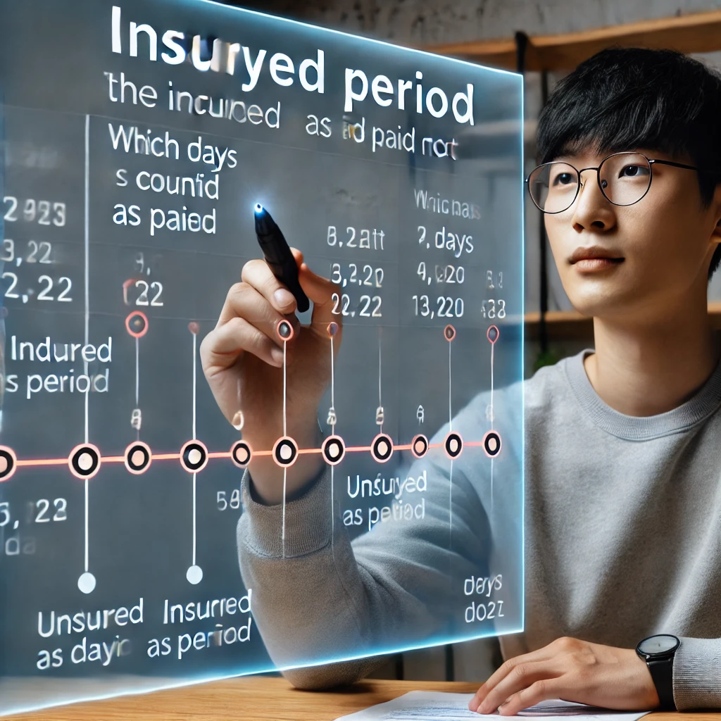 실업급여를 위한 피보험단위기간 계산 예시 - 유급 휴일과 무급 휴일을 구분한 시각적 설명