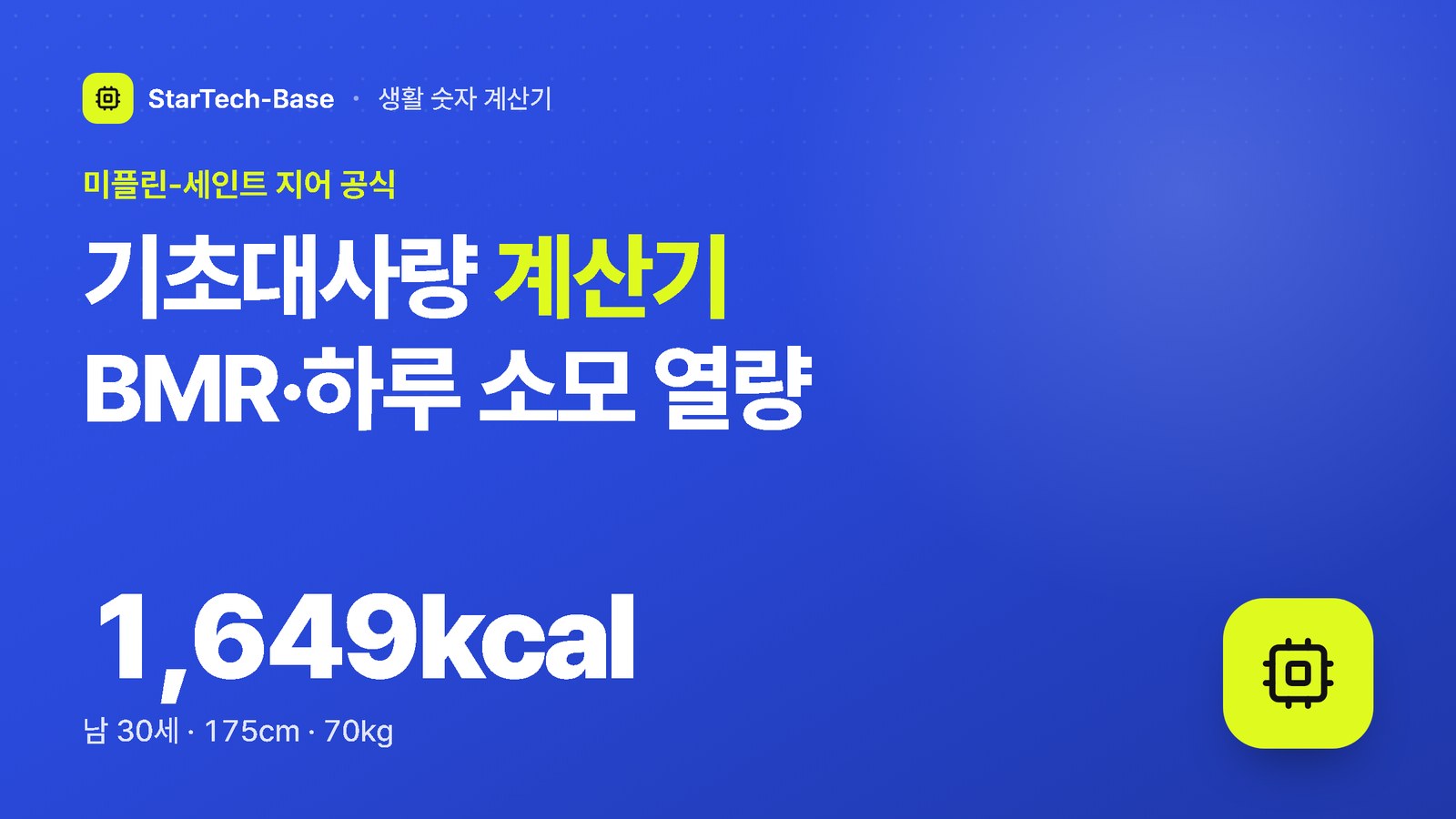 기초대사량 계산기 BMR&middot;하루 소모 열량 - 미플린-세인트 지어 공식, 1,649kcal 남 30세 &middot; 175cm &middot; 70kg