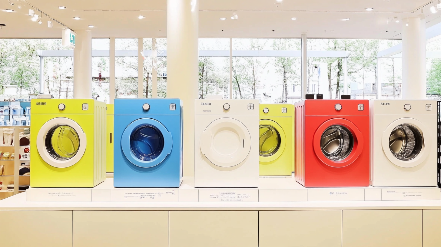 다양한 색상으로 전시된 삼성 세탁기 쇼룸. 각각의 모델이 특징을 돋보이게 하는 포커스 조명을 받아 현대적이고 세련된 분위기를 연출합니다.