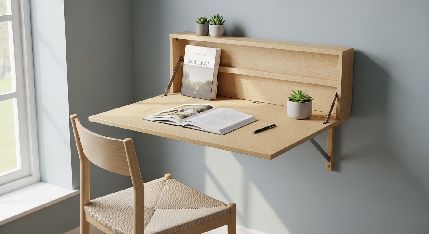 좁은 자취방에서 공간 활용을 극대화한 접이식 테이블. 식탁과 책상으로 활용 가능한 다용도 가구가 미니멀하게 배치되어 있다.