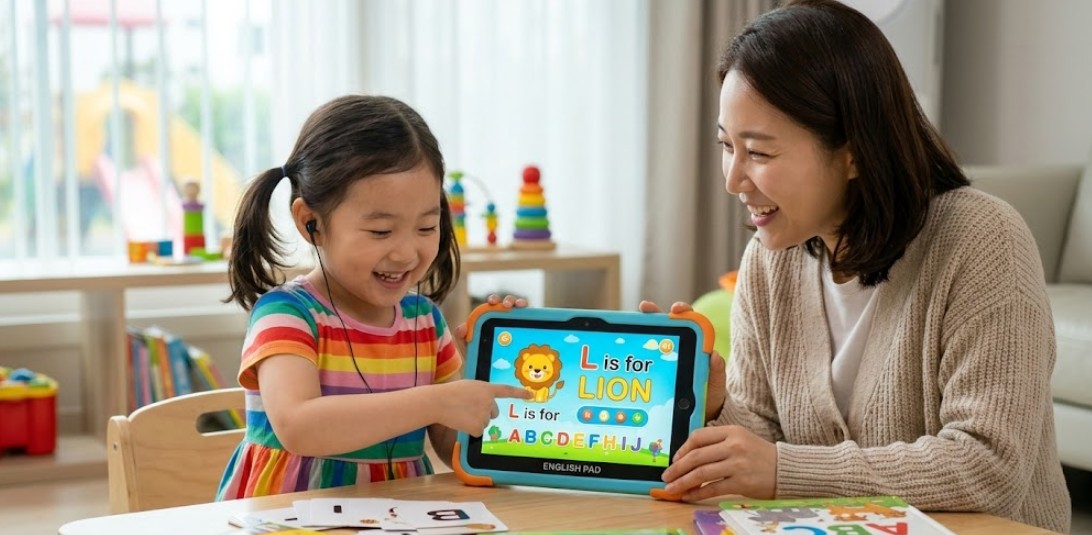 엄마와 함께 영어 패드 학습지로 홈스쿨링을 하는 유아의 행복한 모습