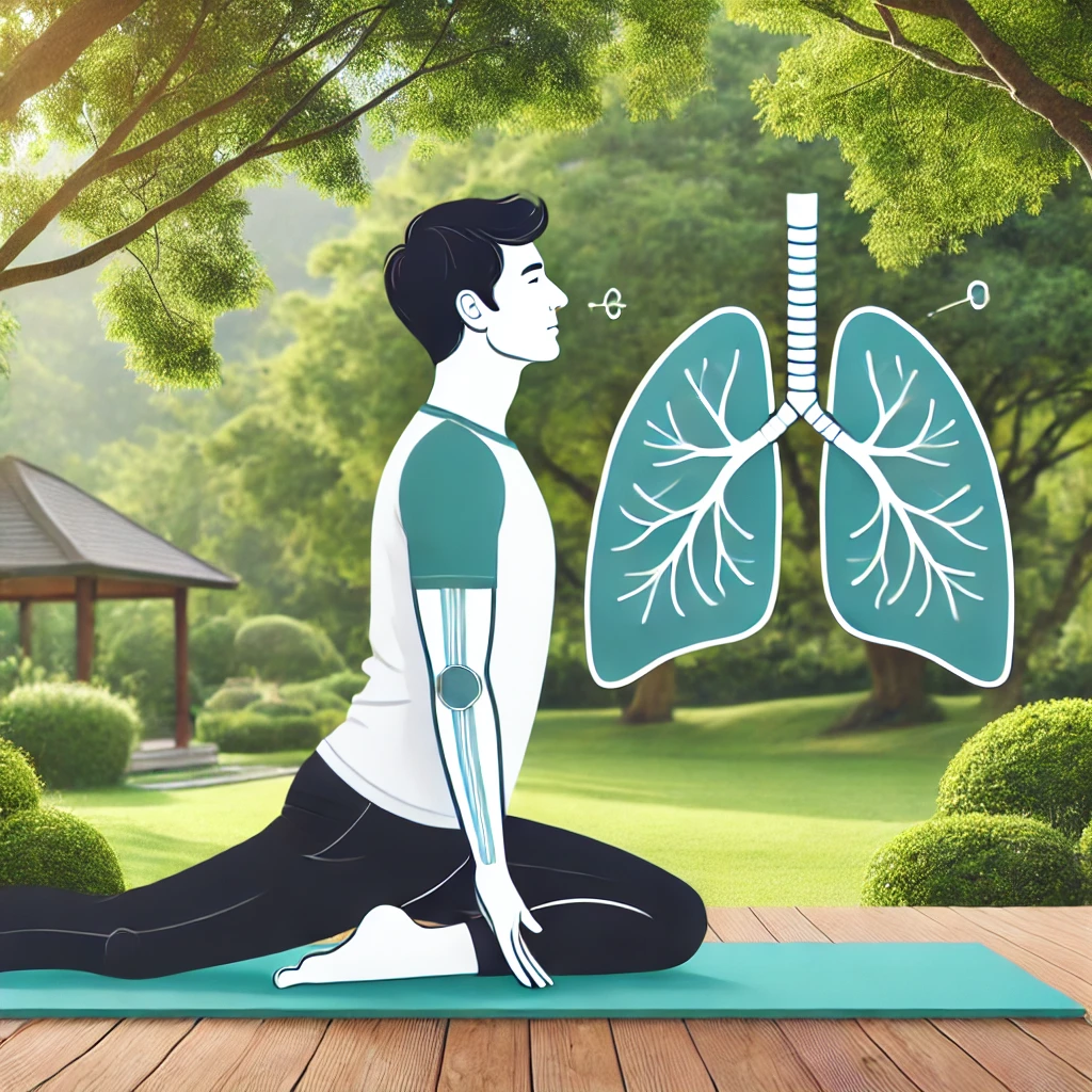 "A person performing yoga and breathing exercises outdoors, enhancing lung strength and flexibility"