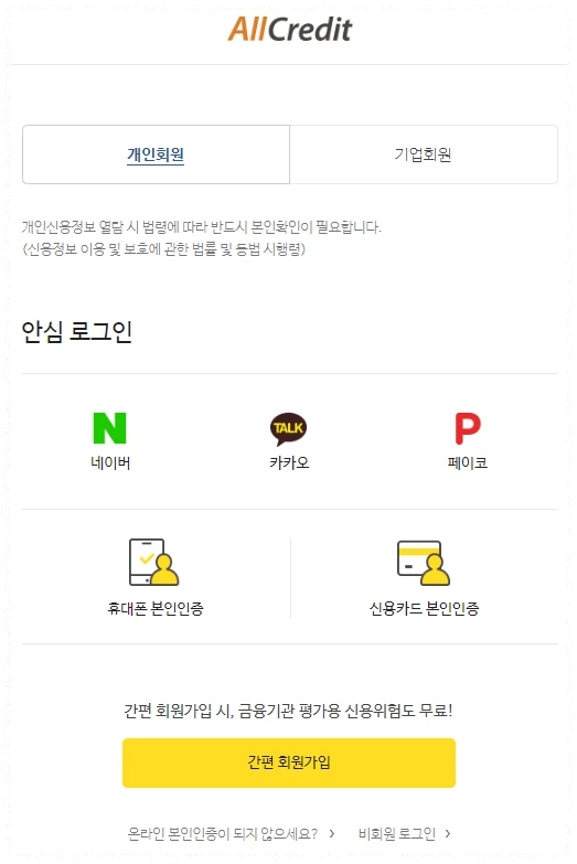 올크레딧 신용점수 조회 안내