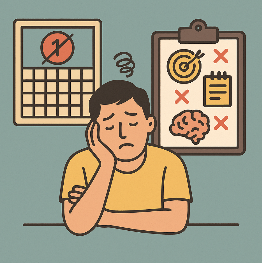 단식 실패 원인을 분석하는 중년 남성 일러스트