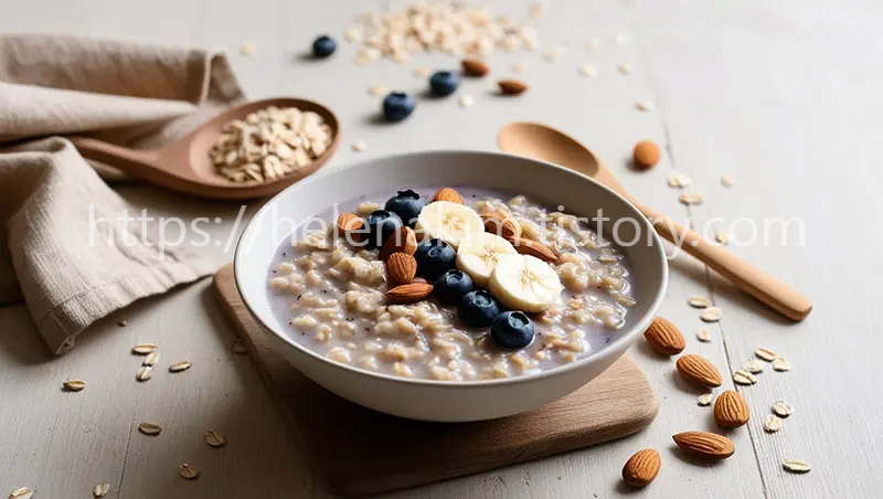 식탁 위에 세라믹 그릇에 담긴 아몬드, 블루베리, 바나나로 장식된 귀리 영양식 이미지.