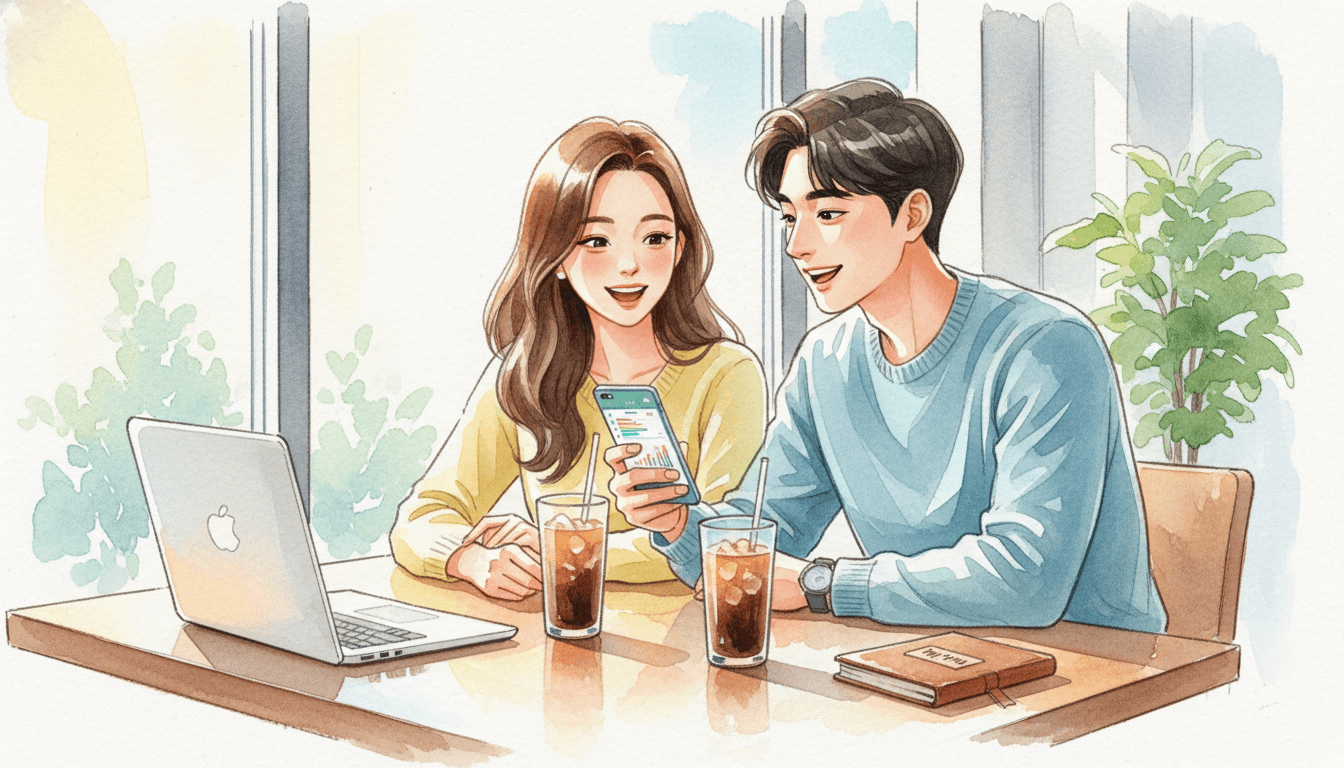 스마트폰 금융 앱으로 자산 관리 계획을 세우며 웃고 있는 사회초년생 남녀