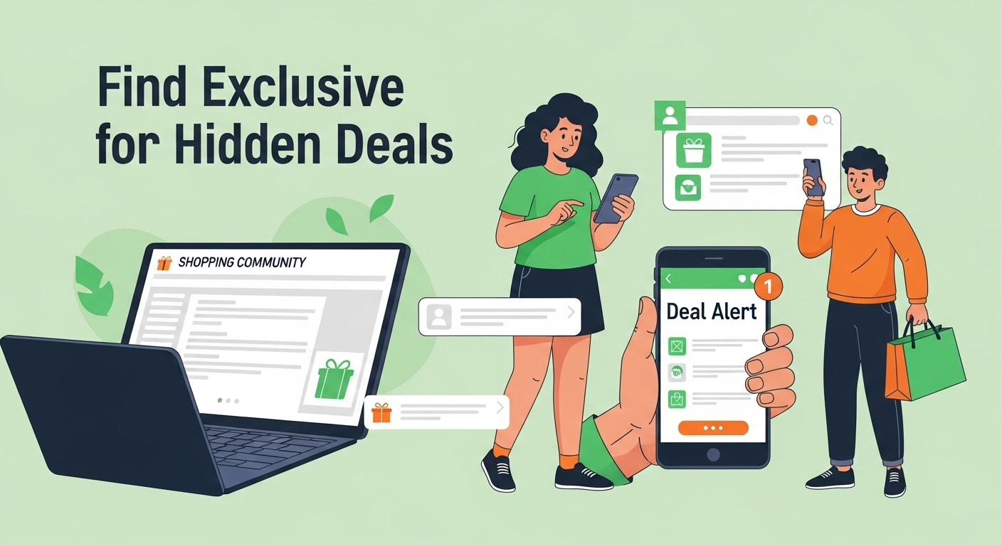 노트북으로 쇼핑 커뮤니티를 확인하고 스마트폰으로 할인 알림을 받는 등 다양한 채널을 통해 숨겨진 블랙프라이데이 딜을 찾아내는 모습. 알뜰하고 성공적인 쇼핑을 위한 노력을 표현.