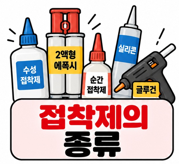 수성 접착제 에폭시 순간접착제 실리콘 글루건 아이콘 옆에 접착제의 종류 문구를 크게 보여주는 대표 카드
