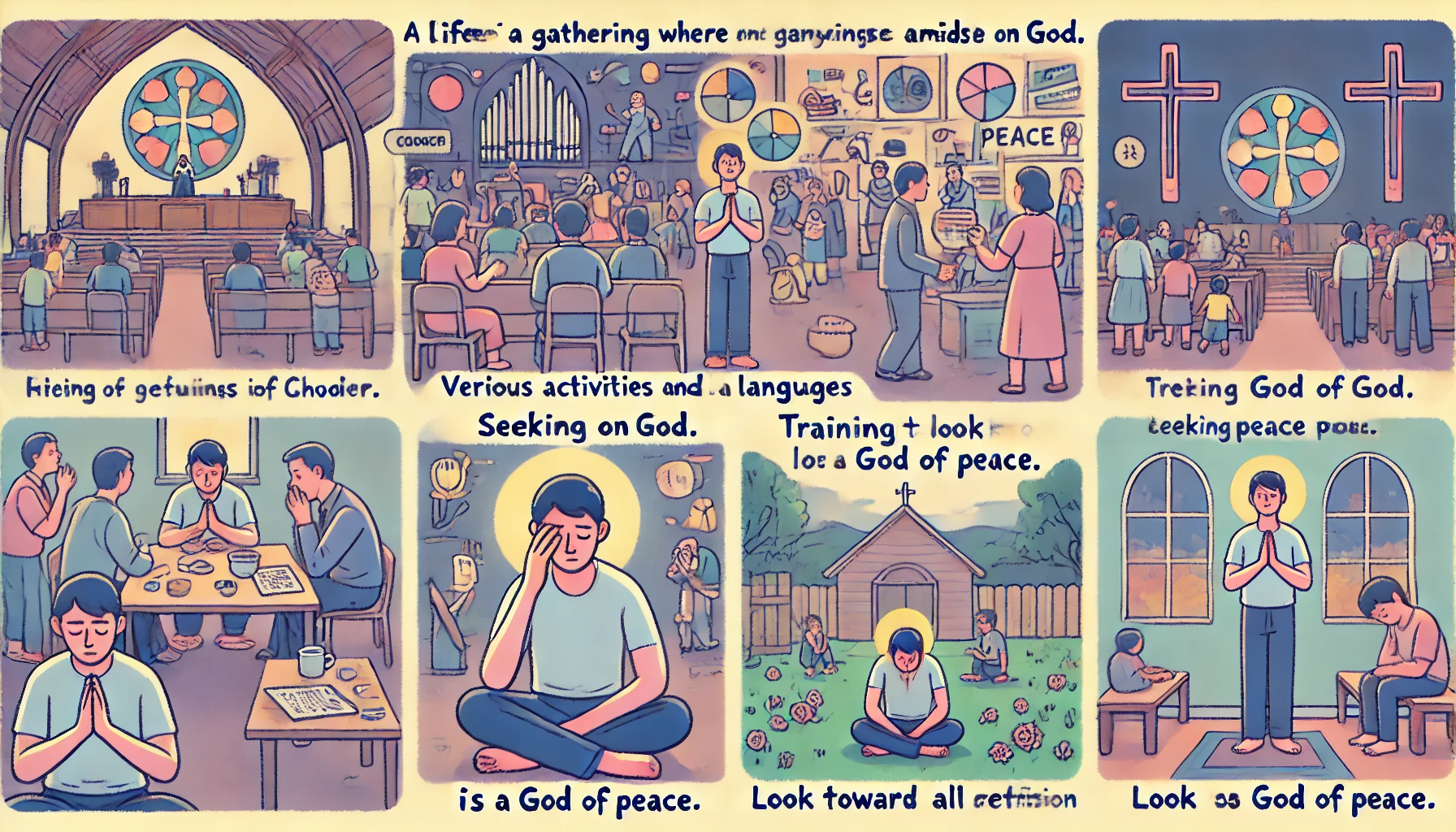 Here is the illustration showing a believer in a gathering where various activities and languages create a chaotic environment. Despite the confusion, the believer focuses on God, remembering that He is a God of peace. The scenes include praying and meditating amidst the chaos, seeking peace from God, and training themselves to look towards God in all situations. The settings feature a church with diverse activities, a quiet corner for personal prayer, and moments of reflection in nature, emphasizing a life of seeking God's peace and practicing reliance on Him despite external confusion.