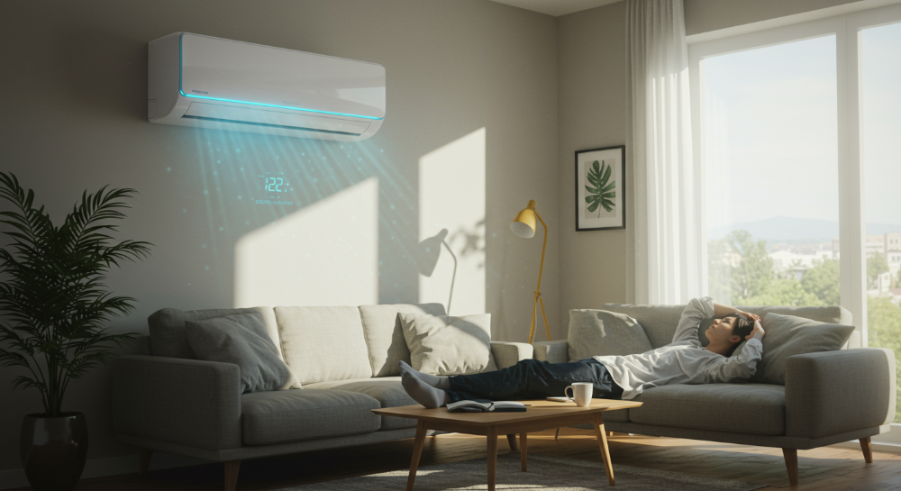 2025년형 벽걸이 에어컨이 설치된 미니멀한 거실에서 한 사람이 편안하게 휴식을 취하고 있는 모습. 에어컨은 인테리어와 자연스럽게 어우러지며, 스마트 기능과 쾌적함을 시각적으로 보여준다.