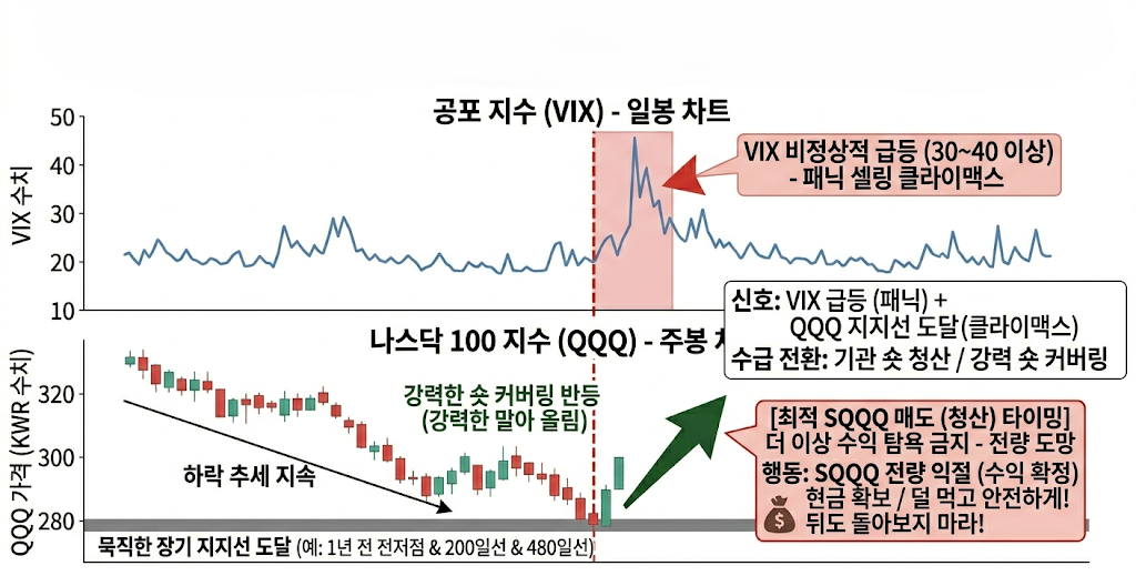 공포 지수(VIX)의 비정상적 급등 및 나스닥 장기 지지선 도달 시 발생하는 강력한 숏 커버링