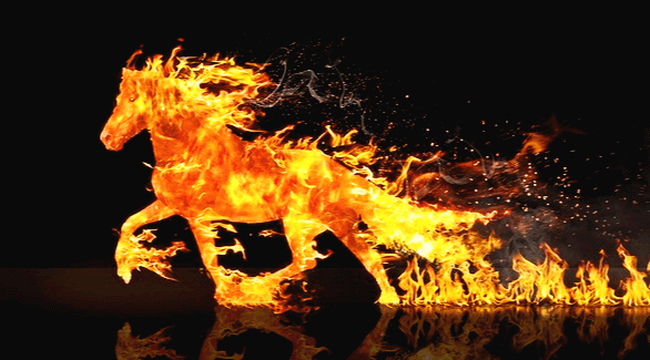 어둠 속에서 말 모양을 한 불꽃이 이글거리고 있다. 불의 모습을 한 말이 왼쪽으로 달리는 형상이다.