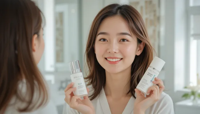 콜라겐과 레티놀 제품을 들고 있는 여성