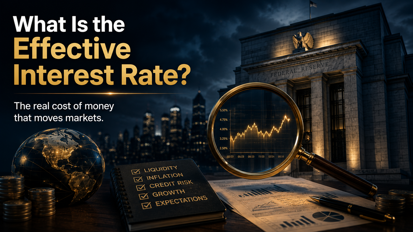 Cinematic financial illustration introducing the Effective Interest Rate with the Federal Reserve, market charts, and symbols representing the real cost of money.