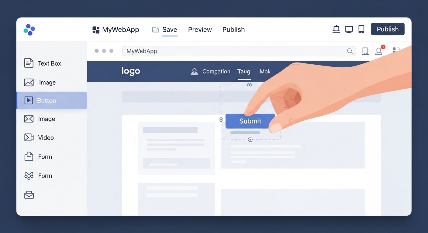 노코드 플랫폼에서 사용자가 마우스로 컴포넌트를 드래그 앤 드롭하여 웹 페이지를 구성하는 모습.