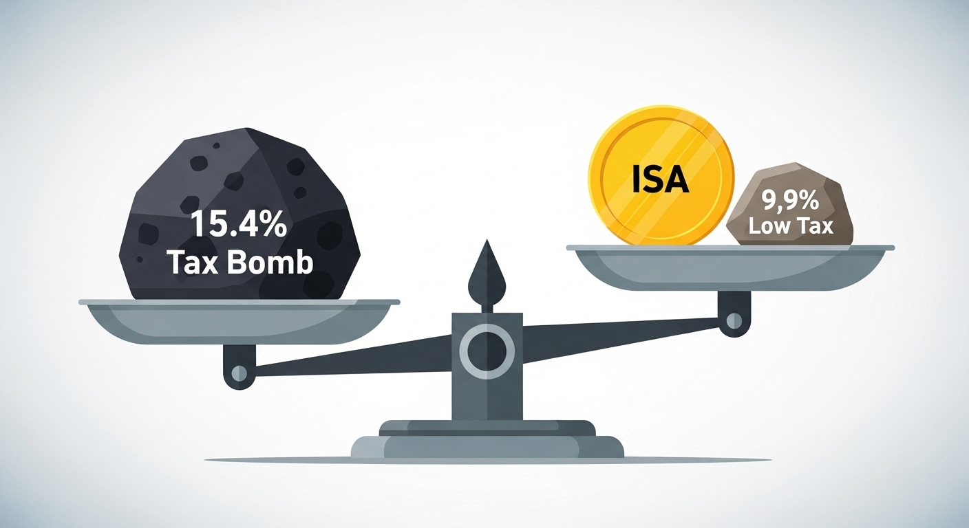 저울에 세금 폭탄(15.4%)과 절세(9.9%)가 놓여있고, ISA 계좌가 절세 쪽으로 기울어진 모습