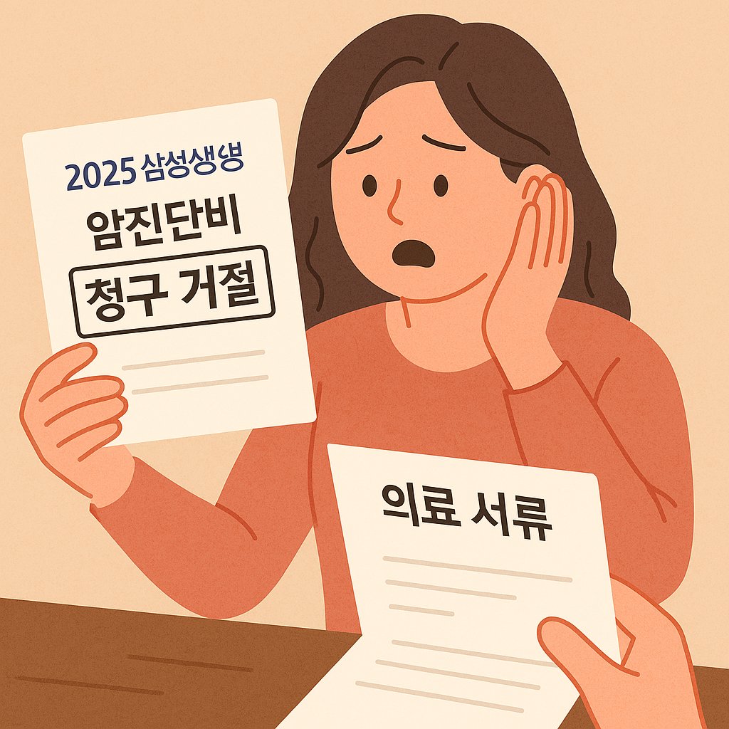 2025년 삼성생명 암진단비 청구 거절 통보서를 받고 당황한 여성이 의료 서류를 들여다보며 충격받은 장면을 표현한 따뜻한 플랫 스타일의 썸네일 일러스트