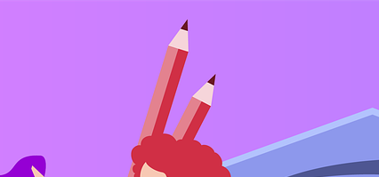 보라색 배경에 책과 일러스트