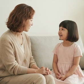 아이와 대화하는 엄마