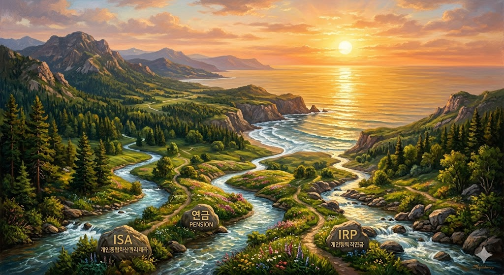 ISA, 연금, IRP라는 세 개의 물줄기가 모여 거대한 '노후 자금의 바다'로 흐르는 웅장한 풍경을 묘사한 상징적인 이미지