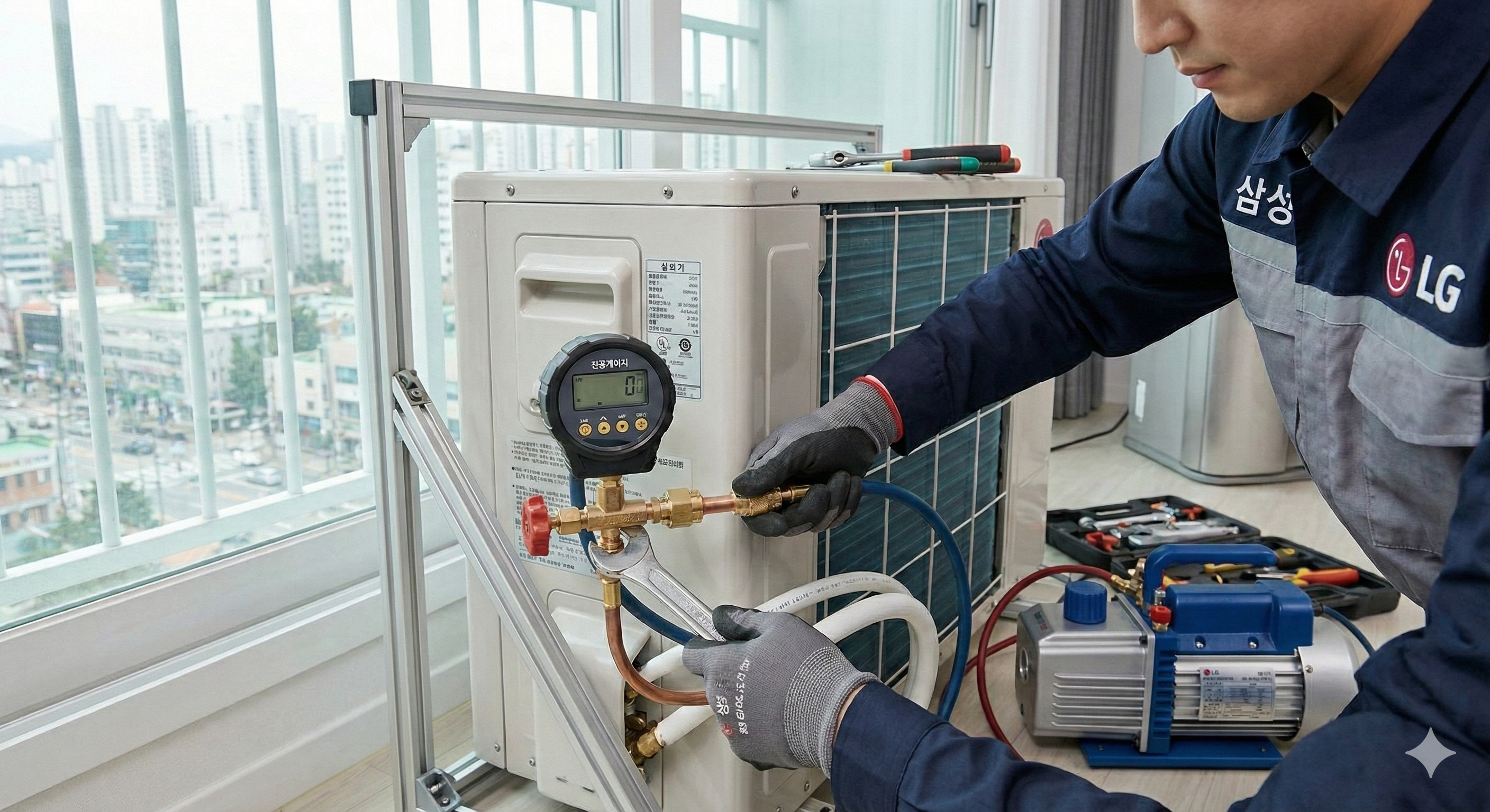 에어컨 설치의 핵심인 진공 작업과 배관 연결을 꼼꼼하게 진행하는 전문가의 손길