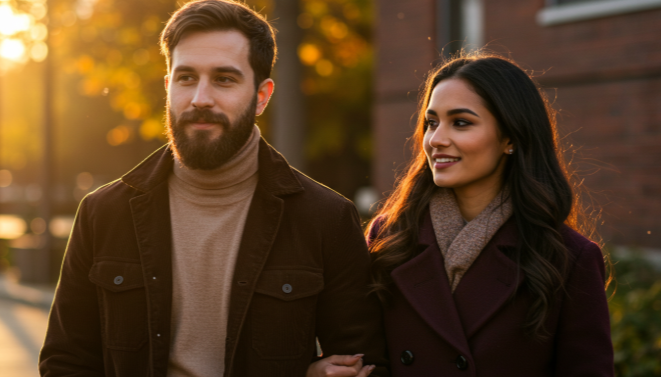 가을 옷을 입은 세련된 남녀가 함께 있는 이미지