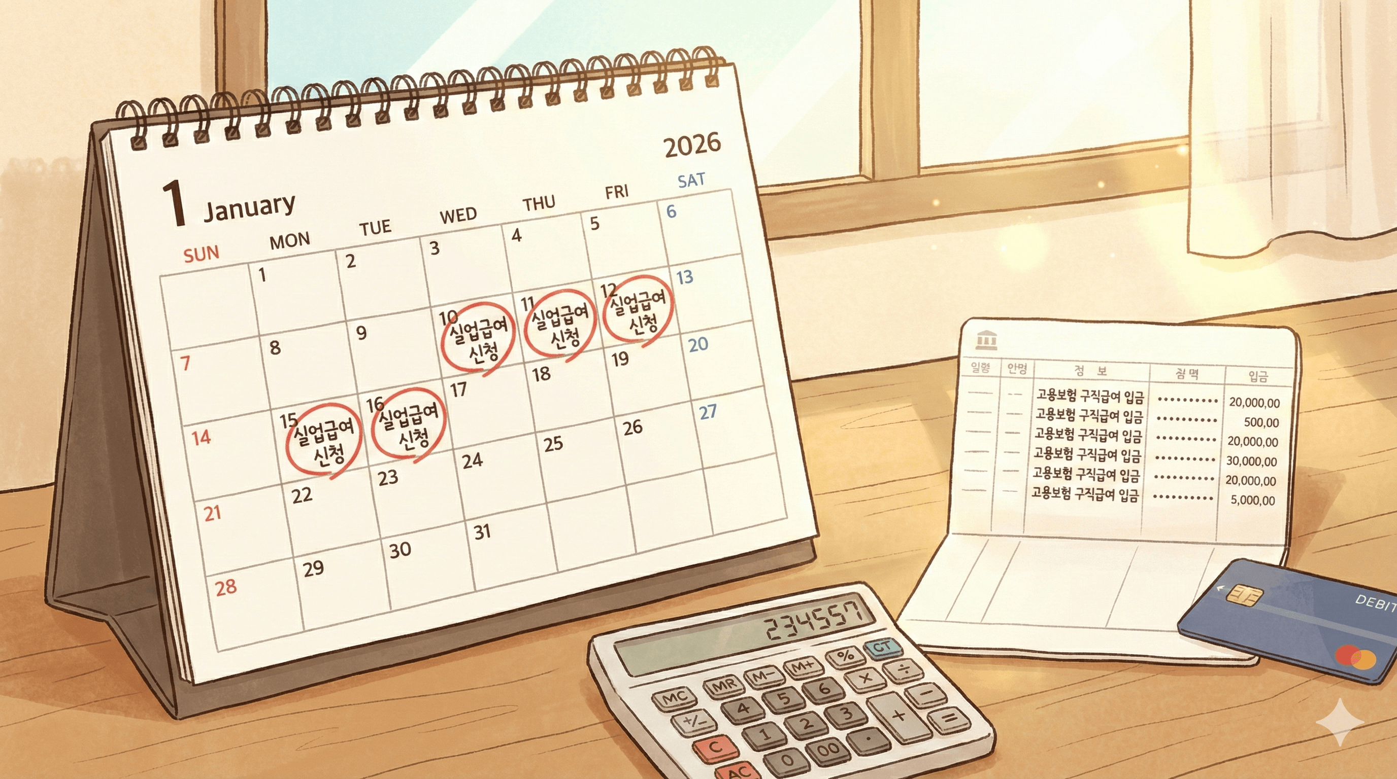 2026년 1월 달력에 표시된 실업급여 신청 일정과 계산기