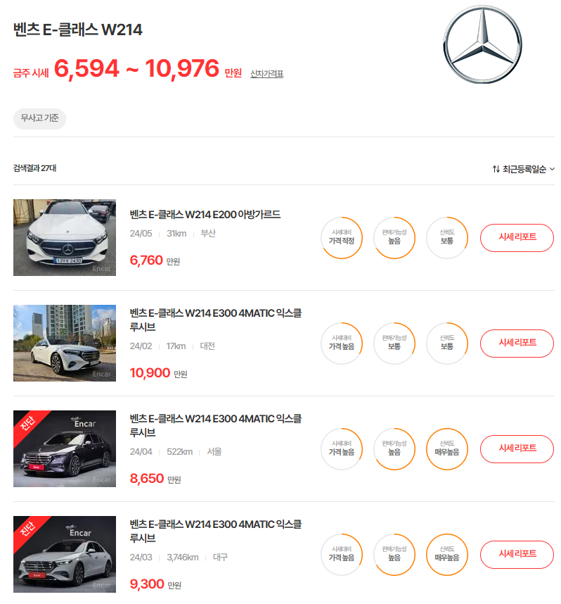 24년식 벤츠 E클래스 중고차 시세