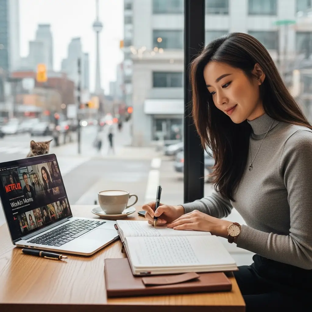 세련된 토론토 카페 창가에 앉아 노트북으로 넷플릭스 '워킹맘 다이어리'를 보며 영어 공부를 하고 있는 20대 여성