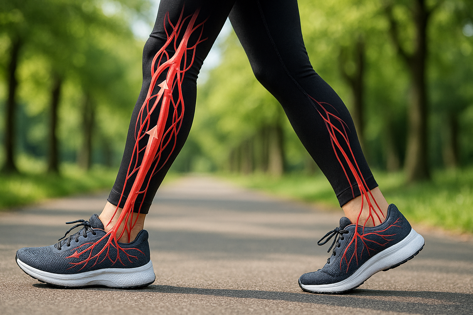 가볍게 걷는 사람의 다리 움직임과 혈액순환을 표현한 이미지