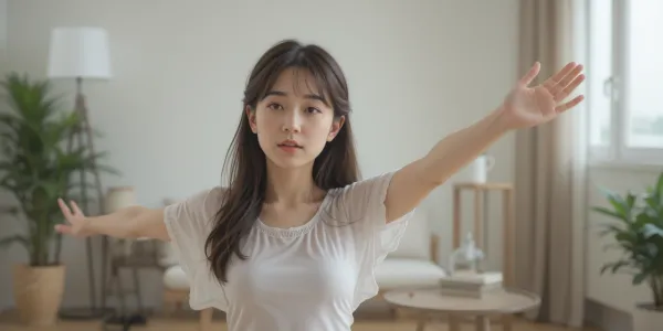 조용한 공간에서 팔 요가 스트레칭을 하며 팔근육 떨림 완화를 시도하는 여성