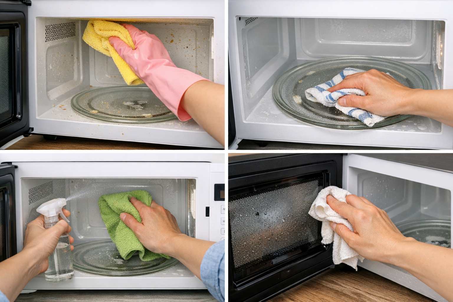 전자레인지 내부를 행주로 닦으며 청소하는 모습